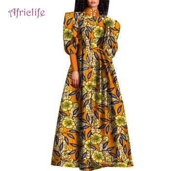 Afrika Maxi Elbise Kadınlar için Vintage Fener Uzun Kollu Yüksek Bel İki Cepli Pilili Parti Giyim Vestido Femme WY9614