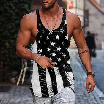 Erkekler Yaz Tankı Üstleri Yelek Rahat Plaj O Boyun Amerikan Bayrağı Baskılı Kolsuz Tankı Üstleri Vücut Geliştirme Streetwear Yelek Bluz