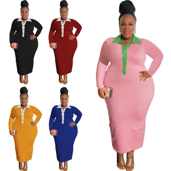 Kadınlar Katı Renk Maxi Elbiseler Uzun Kollu Afrika Bayanlar Parti Doğum Günü Elbise Bodycon Yaka Yaka Büyük Boy Resmi Elbise