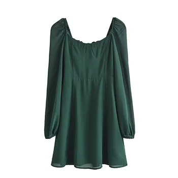 Merodi Vintage Bayan Kare Yaka Uzun Kollu Elastik Büstü Yeşil Mini Elbise Şık Bayan Sonbahar Geri Fermuar Yüksek Bel İnce Elbise