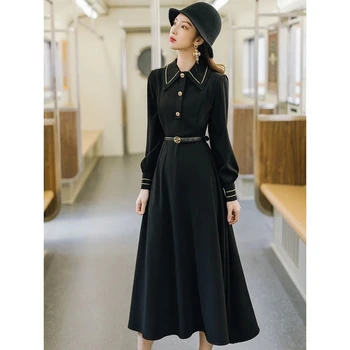 Sonbahar Zarif Elbiseler Kemer Kıyafetler Kadınlar İçin Rahat Moda Uzun Kollu Midi Siyah Vintage Harajuku Elbise Artı Boyutu 4XL