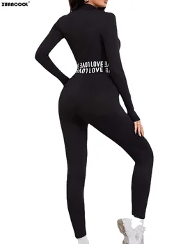 XUANCOOL 2022 Moda Bahar Kadın İki Parçalı Kıyafetler AŞK Elastik Dikiş Fermuar Kırpma Üst ve Skinny Tayt Seti Yoga Giysileri
