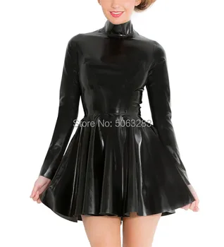 Yüksek Boyunlu Siyah Kauçuk Lateksli Kadın Patenci Mini Elbise