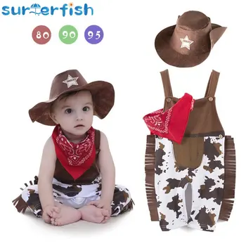 0-10Y Erkek Bebek Giysileri Kostüm Bebek Yürüyor Kovboy Seti 3 Adet Şapka Eşarp Romper Cadılar Bayramı Olay Doğum Günü Tatil Cosplay Kıyafetler