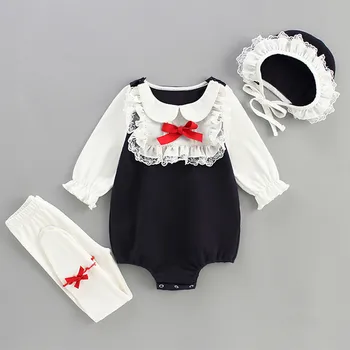 0-24M Bebek Kız Tulum + Sıkı + Şapka Bahar Peter Pan Yaka Bebek Yürüyor Bebek Kız Giysileri Sunsuit Seti