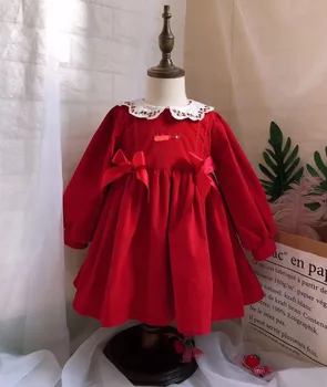 0-7Y Bebek Kız Sonbahar Kış Kırmızı Kadife Uzun Kollu Vintage Türk Prenses Elbisesi Elbise Kızlar için Noel Doğum Günü Rahat