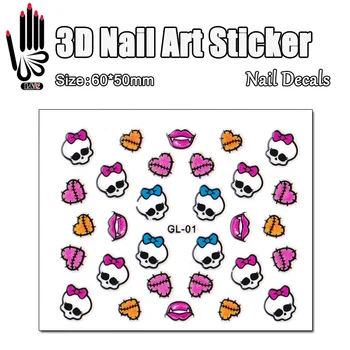 1 Sayfalık 3D Nail Art Sticker GL01 Canavar Yüksekler Kafatasları Pembe Yay Nail Art Transferi Sticker çıkartma Tırnak Sanat İçin dekorasyon