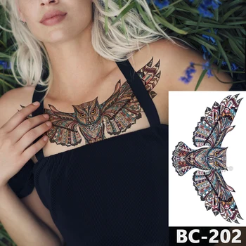 1 Sayfalık Göğüs Vücut Dövme Geçici Su Geçirmez Takı Bohemian renkli baykuş Desen Çıkartması Bel Sanat Dövme Etiket Kadınlar için