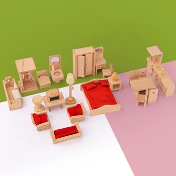 1 takım Ahşap DollHouse Minyatür odası takımı Yatak Odası Banyo Mutfak Yemek Odası Oturma Odası mobilya seti Çocuk Hediye İçin Düzenleme