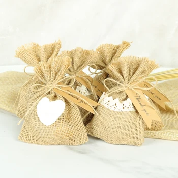 10 adet Çuval Bezi Çanta Teşekkür Ederim Etiketi İle Doğal Jüt Şeker Çanta Bebek Duş Rustik Düğün İyilik Ve Hediyeler Düğün Aksesuarları