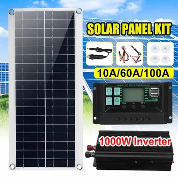1000W 12V güneş paneli invertörü güneş paneli sistemi Kiti Araba Van Tekne Camper pil şarj cihazı+1000W İnvertör Denetleyici 10A/60A / 100A