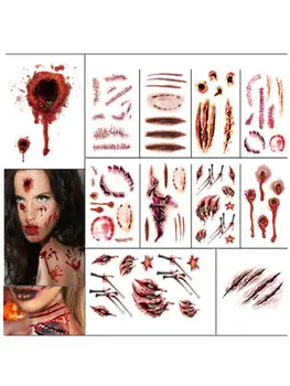 11 adet / takım Cadılar Bayramı Geçici Dövmeler Çıkartmalar Korku İzleri Makyaj Sahne Sanat Dövme Çıkartmalar Korkunç Kan Gerçekçi Etiket
