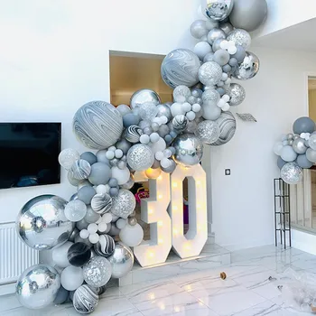133 adet 4D Metal Gümüş Beyaz Balon Garland Kemer Kiti Plateados Konfeti Balon Bebek Duş Doğum Günü Düğün Parti Dekor Globos