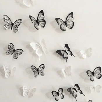 18 adet Siyah Beyaz 3D Kristal Kelebek Duvar Sticker Düğün Dekorasyon Kelebekler Sanat Çıkartmaları Oturma Odası yatak odası dekoru Çıkartmalar