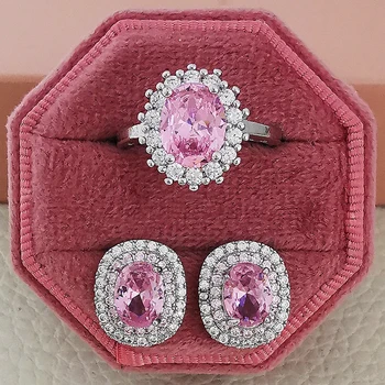 2 adet Paketi gümüş renk gelin Yastık Kesim Zirkon takı seti Nişan Yüzüğü düğme küpe Kadınlar Hediye İçin J7010-pink