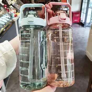 2 Litre Su Şişesi Zaman İşaretleyici İle Büyük Kapasiteli İçme Şişeleri Taşınabilir Açık Spor Spor spor şişesi Saman İle