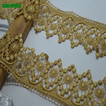 2 Yards / lot Altın Dantel Kumaş 6.5 cm Geniş düğün elbisesi Yüksek Kaliteli Altın Çiçek Nakış Dantel Aksesuarları Trim18043001