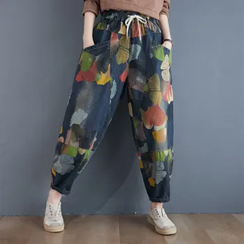 2020 İlkbahar Sonbahar Yeni Sanat Stil Kadın Elastik Bel Baskı Vintage Kot Pamuklu Denim harem pantolon Femme Jean M637