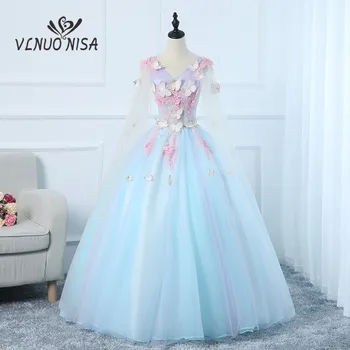 2020 Yeni Varış Şeker Renk Akşam Elbise Kelebek Aplikler Desen Uzun Dantel Cap Sleeve V Yaka Tatlı Prenses Elbisesi Parti