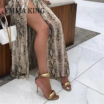 2021 Kadın Ayak Bileği Kayışı Sandalet Metalik Altın Deri Stiletto Topuklu Sandalet Yaz Bayanlar Burnu açık Zip Parti düğün elbisesi Ayakkabı