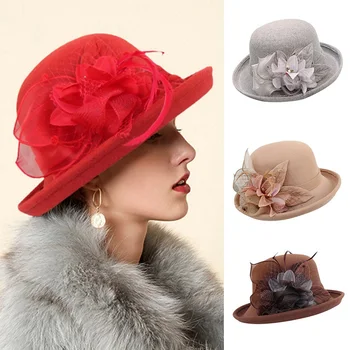 2021 Kadın Sıcak Yün Keçe Çiçek Şapka Bayanlar geniş şapka Sonbahar Kış Asil Zarif Kız Moda Parti Kap Dekorasyon