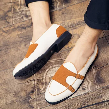 2021 Tuval deri ayakkabı Erkekler Rahat Lüks Marka El Yapımı Loafer'lar Erkekler Daireler Üzerinde Kayma Sürüş Elbise Ayakkabı Beyaz Yeşil Moccasins