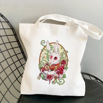 2022 Alışveriş Tavşan Çiçekler Çizgi Film Baskılı Tote Çanta Kadın Harajuku Alışveriş Çantası Kız Omuz alışveriş çantası Bayan Kanvas Çanta