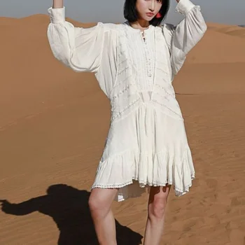 2022 Bahar Elbiseler Düzensiz Seksi Dantel Splice Yelek Üstleri Elbise Kadın İki Parçalı Set Sonbahar Beyaz Keten Gevşek Uzun Fener Kollu
