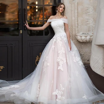 2022 Dantel Aplike Balo Backless Lace Up Kapalı Omuz düğün elbisesi Mahkemesi Tren Robe De Mariée Custom Made kadınlar İçin