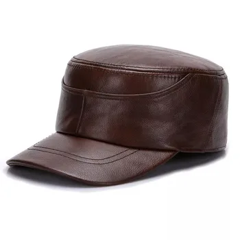 2022 erkek Askeri Şapka Düz Kap Marka Kaliteli İnek Derisi Hakiki Deri Askeri Kap Moda Klasik asker şapkası Kahverengi Rahat Kap