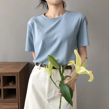 2022 İlkbahar Yaz Kadın Pamuklu T-shirt O-boyun Gevşek Rahat T-shirt Tees Şeker Renk Temel Üstleri Minimalist