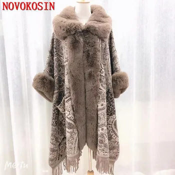 2022 Kış Pelerin Sıcak Kadın Artı Boyutu Püskül Palto Faux Fox Kürk Büyük Yaka Pelerin Moda Baskılı Panço Kürk Kollu