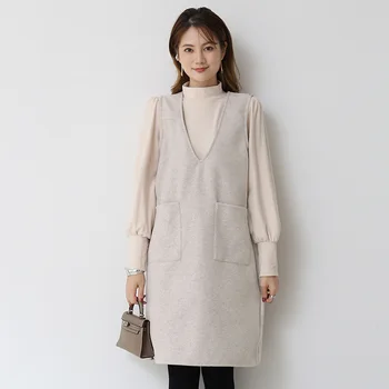 2022 Sonbahar ve Kış Yeni Stil Kısa Elbise Japon Yün Yelek Kadın Orta uzunlukta Yelek Etek Dip Elbise Kazak Yelekler