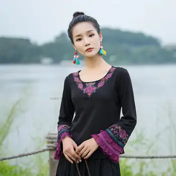 2022 ulusal çiçek nakış o-boyun hanfu üstleri etnik tarzı kadın vintage harajuku zarif kadın t-shirt oryantal tang takım elbise