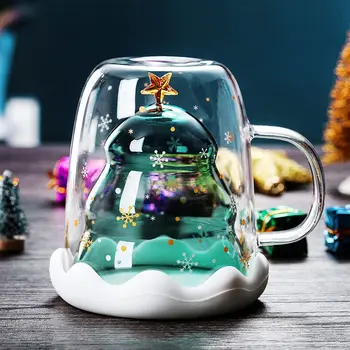 2022 Yaratıcı Noel cam kupa Noel Ağacı Yıldız Fincan Yüksek Sıcaklık Çift Su Bardağı Parti Noel Hediyeleri Katlanabilir Seyahat Kupa