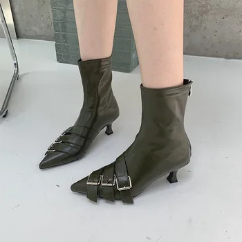 2022 Yaz İnce İnce Çizmeler kadın kemeri Toka Arka Fermuar Fransız Çıplak Çizmeler Stiletto Sivri Burun Orta Topuk yarım çizmeler
