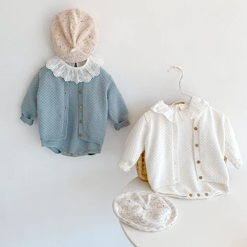 2022 Yeni Bahar yeni Doğan Kız Bebek Elbise Saf renk Pamuk Örme Uzun Kollu Kazak Ceket Bebek Romper Bebek Giyim Setleri 