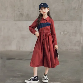 2022 Yeni Genç Kız Elbise Çocuklar Sonbahar Giysileri Çocuk Pamuk Midi Elbiseler Bebek Düğmesi Giyim İki Renk Patchwork,#6430