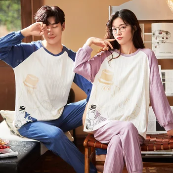 2022 Yeni Pamuklu Pijama Seti Çiftler İçin Kore Moda Pijama Rahat Kıyafeti Erkekler Kadınlar İçin Ev Giyim Damla Gemi