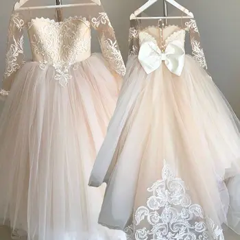 2022 Yeni Yay Dantel Balo Çiçek Kız Elbise Düğün İçin Tatlı Uzun Kollu Yumuşak Tül Kızlar Prenses Communion Elbise