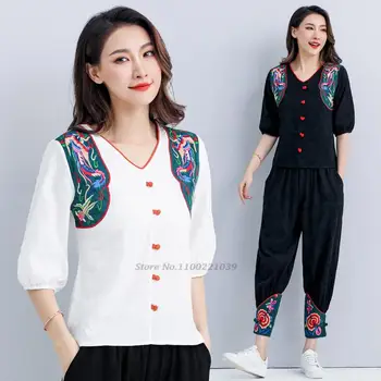 2022 çin hanfu üstleri kadın cheongsam gömlek ulusal çiçek nakış pamuk keten bluz oryantal tang takım elbise çin bluz