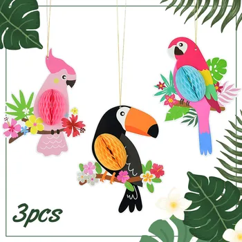 3 Adet Papağan Kuş Petek Topu Palmiye Yaprağı Toucan Kolye Ev asılı dekorlar Hawaii Luau Düğün Parti Malzemeleri Kağıt Zanaat