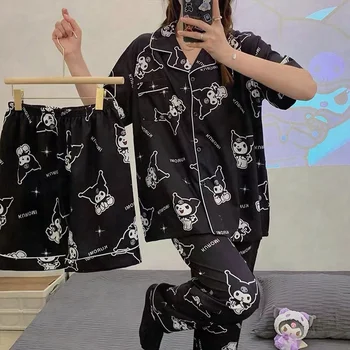 3 Parça Set Sanrio Kulomi Pochacco Cinnamoroll Kawaii Pamuklu Pijama Pantolon Takım Elbise Hırka Sonbahar Ev Giyim Anime Hediye