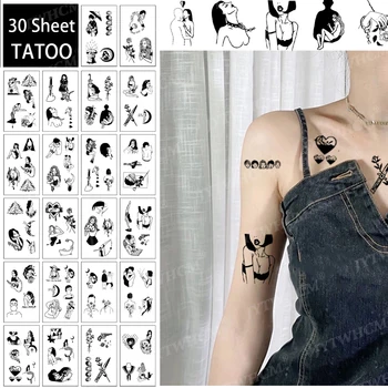 30 Levhalar Geçici Dövme Çıkartmalar Koyu Siyah Ay Koyu Rüzgar Manga Portre Kız Japon Dövme Sahte Dövme su geçirmez etiket
