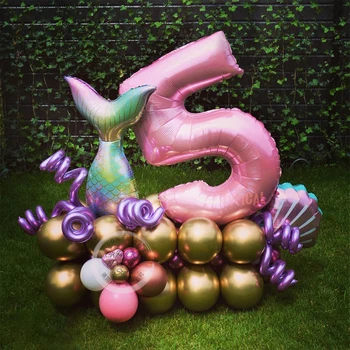 36 Adet Mermaid Kuyruk Balonlar Kemer Seti Krom Altın Lateks Globos Doğum Günü Partisi Süslemeleri için 32 inç Numarası Folyo Balon Kız Hediye