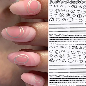 3D Nail Art Etiketler Tırnak Aksesuarları Siyah Altın Geometrik Çizgi Düzensiz Yuvarlak Şekli Desenleri Kendinden Yapışkanlı Transfer Çıkartmaları