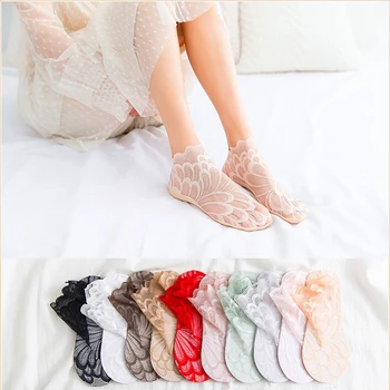 4 Pairs Sıcak Satıcı Kadın Çorap Bahar Yaz Dantel Tavuskuşu Çiçek 10 Şeker Renkler Kısa Çorap Antiskid Görünmez Ayak Bileği Çorap