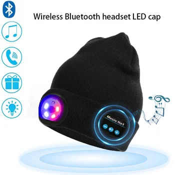 5.0 Bluetooth Örme Şapka LED Şapka Kablosuz Stereo Kulaklık Müzik Çalar MİC Handsfree ile Headworn El Feneri Şapka Yün