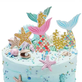 5 adet / takım Doğum Günü Glitter Kek Topper Küçük Denizkızı Parti Cupcake Toppers Cinsiyet Reveal Kek Seçtikleri Bebek Duş Parti Malzemeleri