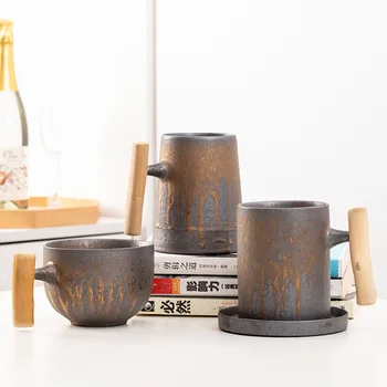 600 ml Japon Vintage Kahve Kupa Büyük Kapasiteli Ahşap Saplı Retro Seramik Çay Kupalar Pas Sır Su Bardağı Ev Ofis Drinkware